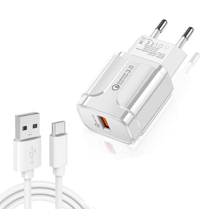 LZ-023 18W QC 3.0 USB Portable Travel Charger + 3A USB to Type-C Data Cable, EU Plug(White) - USB Charger by buy2fix | Online Shopping UK | buy2fix