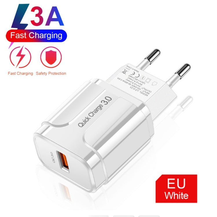 LZ-023 18W QC 3.0 USB Portable Travel Charger + 3A USB to Type-C Data Cable, EU Plug(White) - USB Charger by buy2fix | Online Shopping UK | buy2fix