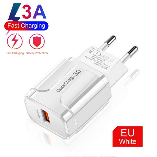 LZ-023 18W QC 3.0 USB Portable Travel Charger + 3A USB to Type-C Data Cable, EU Plug(White) - USB Charger by buy2fix | Online Shopping UK | buy2fix