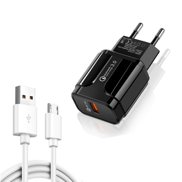 LZ-023 18W QC 3.0 USB Portable Travel Charger + 3A USB to Micro USB Data Cable, EU Plug(Black) - USB Charger by buy2fix | Online Shopping UK | buy2fix