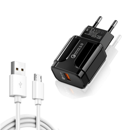 LZ-023 18W QC 3.0 USB Portable Travel Charger + 3A USB to Micro USB Data Cable, EU Plug(Black) - USB Charger by buy2fix | Online Shopping UK | buy2fix