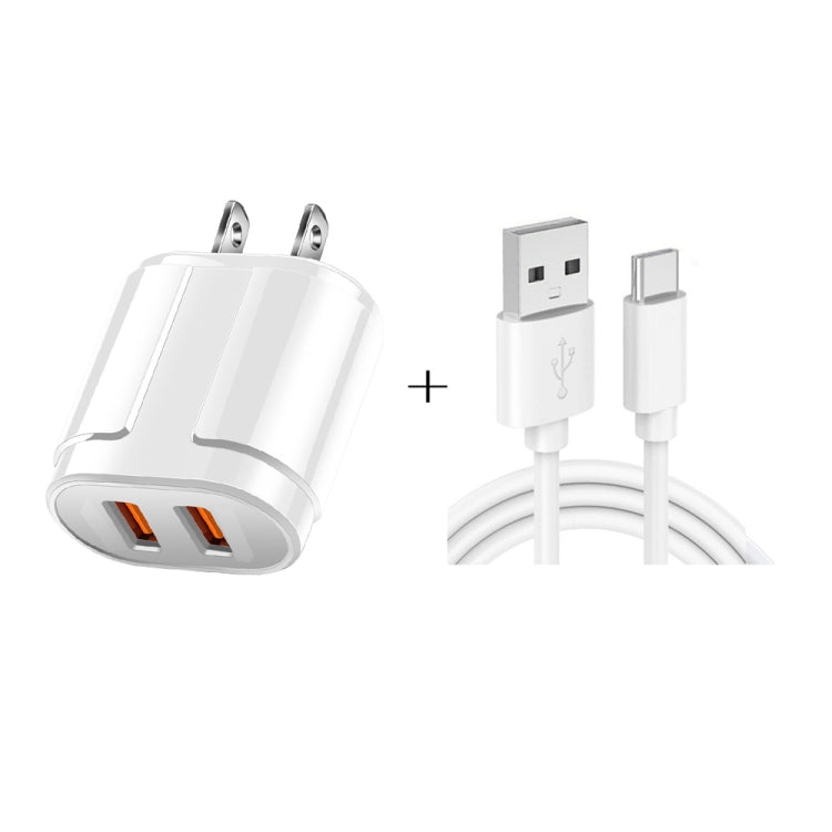 Dual USB Portable Travel Charger + 1 Meter USB to Type-C Data Cable, US Plug(White) - USB Charger by buy2fix | Online Shopping UK | buy2fix