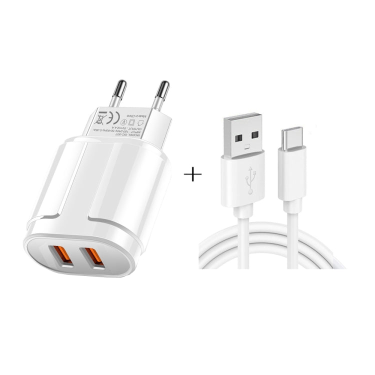 Dual USB Portable Travel Charger + 1 Meter USB to Type-C Data Cable, EU Plug(White) - USB Charger by buy2fix | Online Shopping UK | buy2fix
