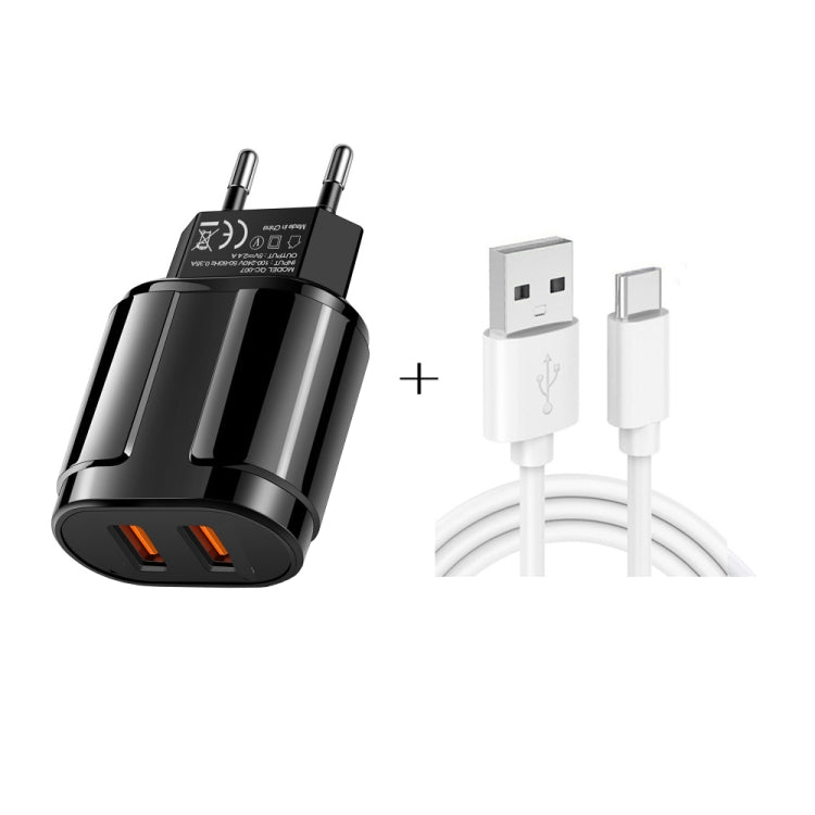 Dual USB Portable Travel Charger + 1 Meter USB to Type-C Data Cable, EU Plug(Black) - USB Charger by buy2fix | Online Shopping UK | buy2fix