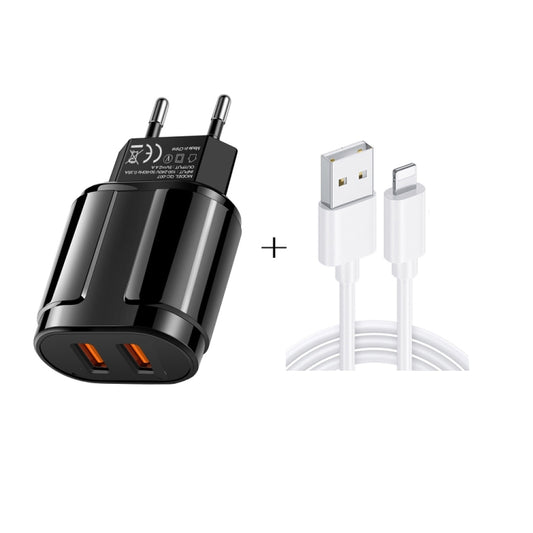 Dual USB Portable Travel Charger + 1 Meter USB to 8 Pin Data Cable, EU Plug(Black) - USB Charger by buy2fix | Online Shopping UK | buy2fix