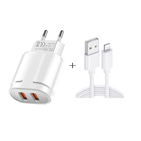 Dual USB Portable Travel Charger + 1 Meter USB to 8 Pin Data Cable, EU Plug(White) - USB Charger by buy2fix | Online Shopping UK | buy2fix