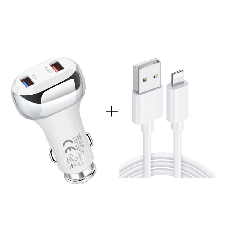 YSY-312 2 in 1 18W Portable QC3.0 Dual USB Car Charger + 1m 3A USB to 8 Pin Data Cable Set(White) by buy2fix