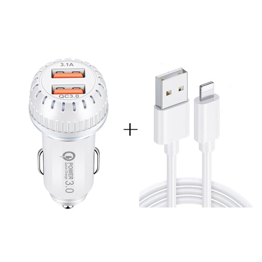YSY-349 QC3.0 Dual Port USB Car Charger + 3A USB to 8 Pin Data Cable, Length: 1m(White) - Car Charger by buy2fix | Online Shopping UK | buy2fix