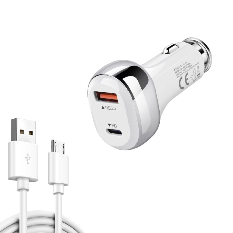 YSY-312PD QC3.0 18W USB + PD 20W USB-C / Type-C Car Charger with USB to Micro USB Data Cable(White) - Car Charger by buy2fix | Online Shopping UK | buy2fix