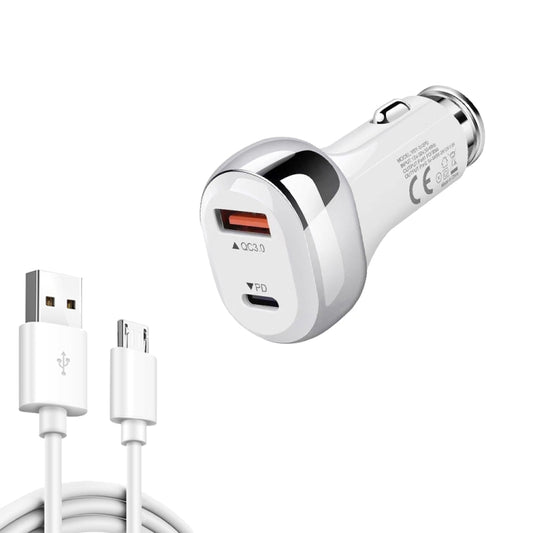 YSY-312PD QC3.0 18W USB + PD 20W USB-C / Type-C Car Charger with USB to Micro USB Data Cable(White) - Car Charger by buy2fix | Online Shopping UK | buy2fix