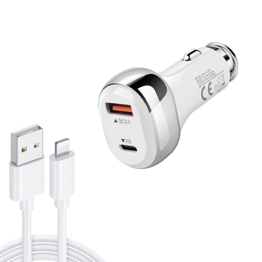 YSY-312PD QC3.0 18W USB + PD 20W USB-C / Type-C Car Charger with USB to 8 Pin Data Cable(White) - Car Charger by buy2fix | Online Shopping UK | buy2fix