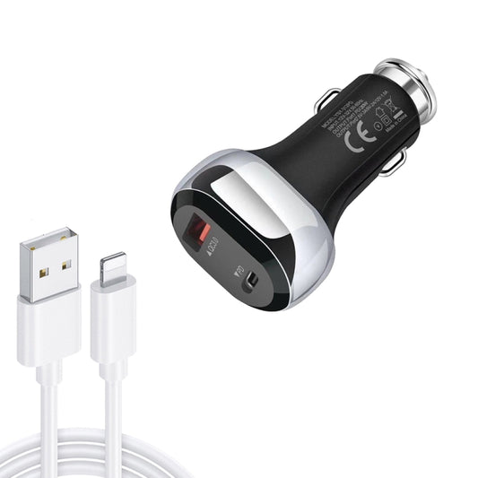YSY-312PD QC3.0 18W USB + PD 20W USB-C / Type-C Car Charger with USB to 8 Pin Data Cable(Black) - Car Charger by buy2fix | Online Shopping UK | buy2fix