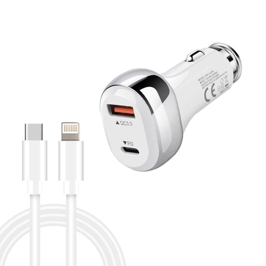 YSY-312PD QC3.0 18W USB + PD 20W USB-C / Type-C Car Charger with Type-C to 8 Pin Data Cable(White) - Car Charger by buy2fix | Online Shopping UK | buy2fix