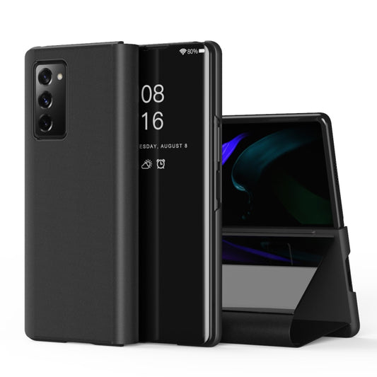 For Samsung Galaxy Z Fold2 5G Plated Mirror Horizontal Flip Leather Case with Holder(Black) - Galaxy Phone Cases by buy2fix | Online Shopping UK | buy2fix