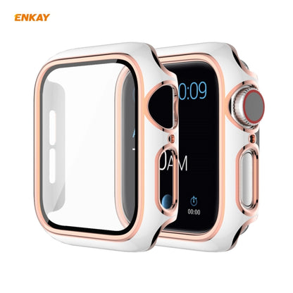 ENKAY Hat-Prince Full Coverage Electroplated PC Case + Tempered Glass Protector for Apple Watch Series 6 / 5 / 4 / SE 44mm(White+Champagne) - Watch Cases by ENKAY | Online Shopping UK | buy2fix