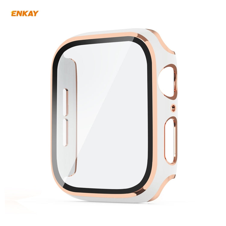 ENKAY Hat-Prince Full Coverage Electroplated PC Case + Tempered Glass Protector for Apple Watch Series 6 / 5 / 4 / SE 44mm(White+Champagne) - Watch Cases by ENKAY | Online Shopping UK | buy2fix