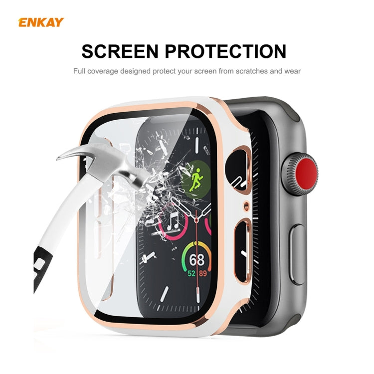 ENKAY Hat-Prince Full Coverage Electroplated PC Case + Tempered Glass Protector for Apple Watch Series 6 / 5 / 4 / SE 44mm(White+Champagne) - Watch Cases by ENKAY | Online Shopping UK | buy2fix