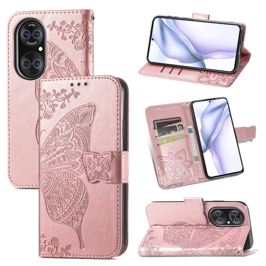 For Huawei  P50 Butterfly Love Flowers Embossed Horizontal Flip Leather Case with Holder & Card Slots & Wallet & Lanyard(Rose Gold) - Huawei Cases by buy2fix | Online Shopping UK | buy2fix