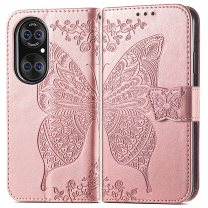For Huawei  P50 Butterfly Love Flowers Embossed Horizontal Flip Leather Case with Holder & Card Slots & Wallet & Lanyard(Rose Gold) - Huawei Cases by buy2fix | Online Shopping UK | buy2fix