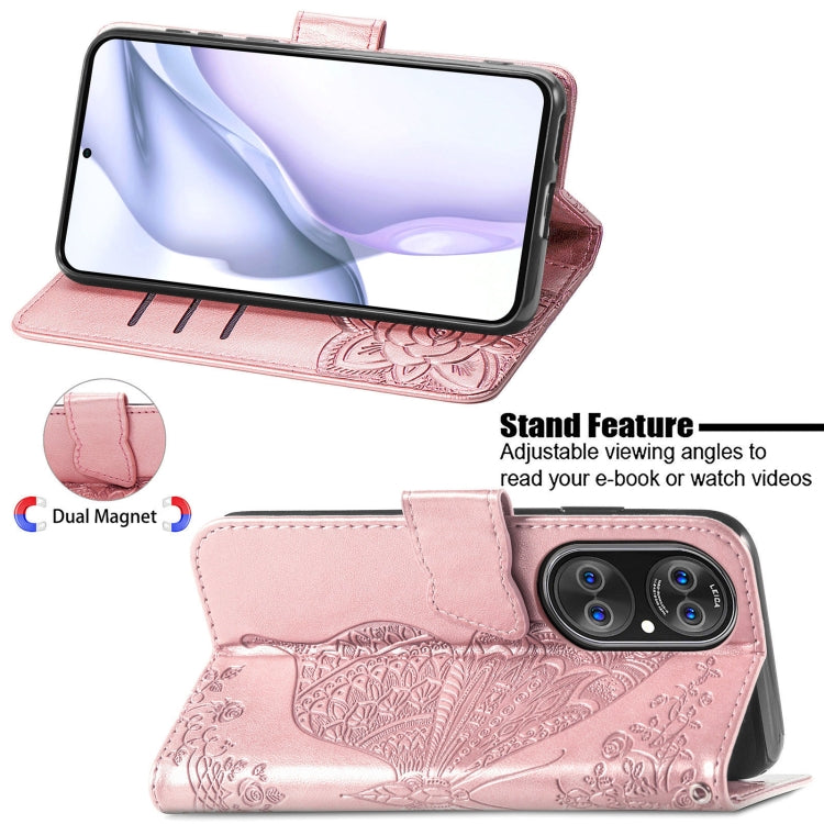 For Huawei  P50 Butterfly Love Flowers Embossed Horizontal Flip Leather Case with Holder & Card Slots & Wallet & Lanyard(Rose Gold) - Huawei Cases by buy2fix | Online Shopping UK | buy2fix