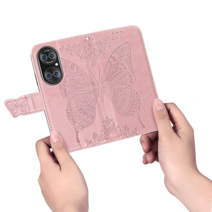 For Huawei  P50 Butterfly Love Flowers Embossed Horizontal Flip Leather Case with Holder & Card Slots & Wallet & Lanyard(Rose Gold) - Huawei Cases by buy2fix | Online Shopping UK | buy2fix