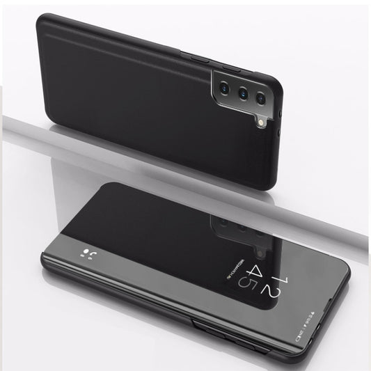 For Samsung Galaxy S21 FE Plated Mirror Horizontal Flip Leather Case with Holder(Black) - Galaxy Phone Cases by buy2fix | Online Shopping UK | buy2fix