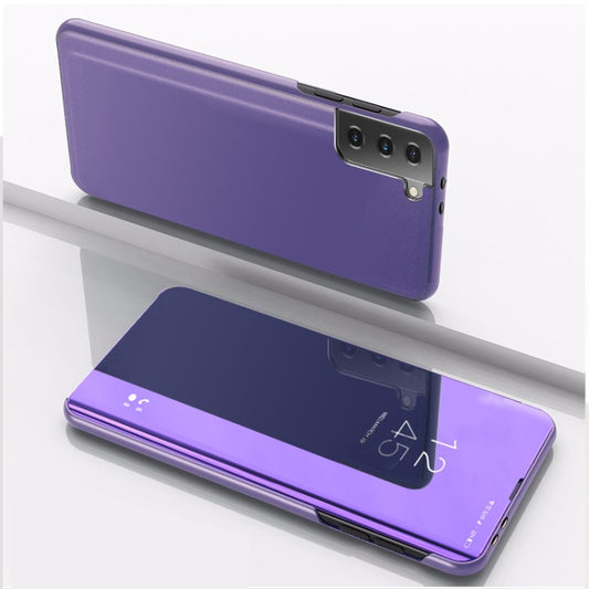 For Samsung Galaxy S21 FE Plated Mirror Horizontal Flip Leather Case with Holder(Purple Blue) - Galaxy Phone Cases by buy2fix | Online Shopping UK | buy2fix