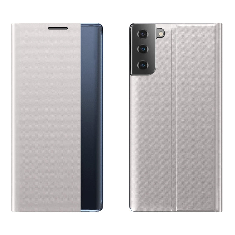 For Samsung Galaxy S21 FE Plain Texture Cloth Attraction Flip Holder Leather Phone Case(Silver) by buy2fix