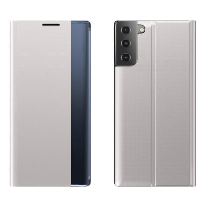 For Samsung Galaxy S21 FE Plain Texture Cloth Attraction Flip Holder Leather Phone Case(Silver) by buy2fix