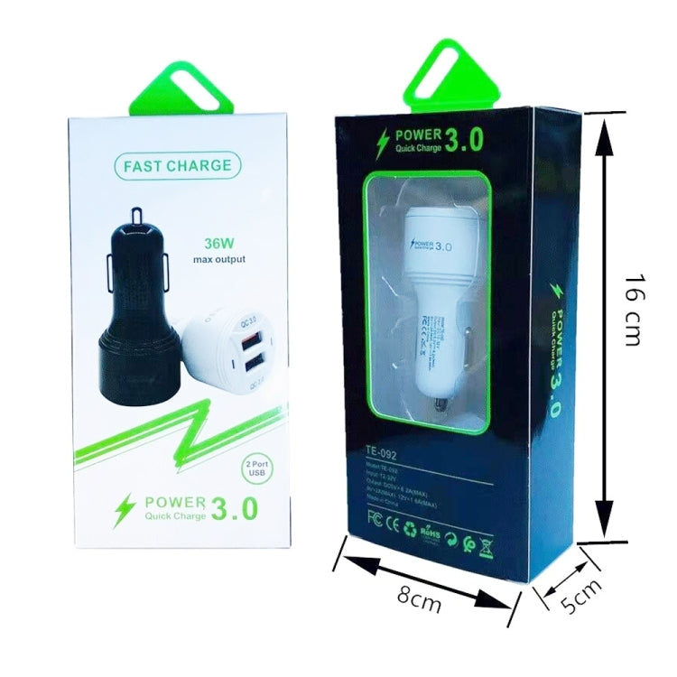 TE-092 36W Dual QC3.0 USB Fast Car Charger + USB to Micro USB Data Cable Set(White) - Car Charger by buy2fix | Online Shopping UK | buy2fix