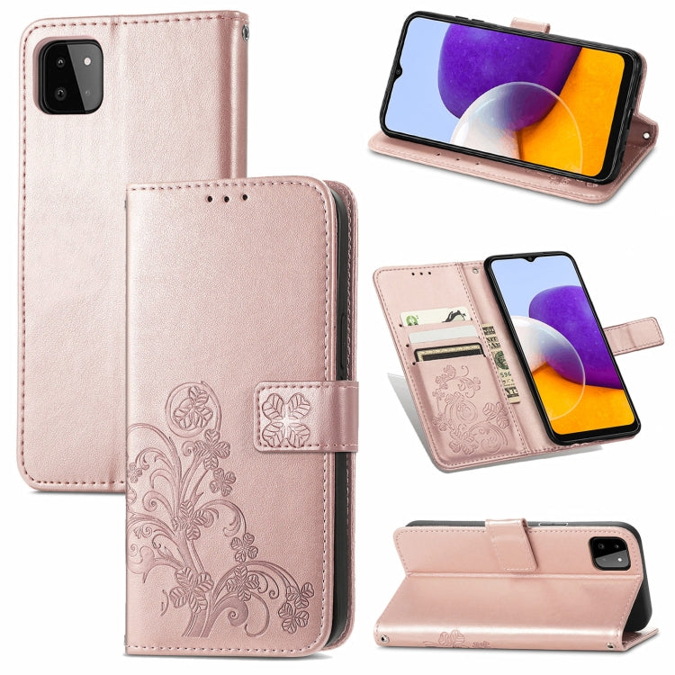 For Samsung Galaxy A22 4G Four-leaf Clasp Embossed Buckle Mobile Phone Protection Leather Case with Lanyard & Card Slot & Wallet & Bracket Function(Rose Gold) by buy2fix