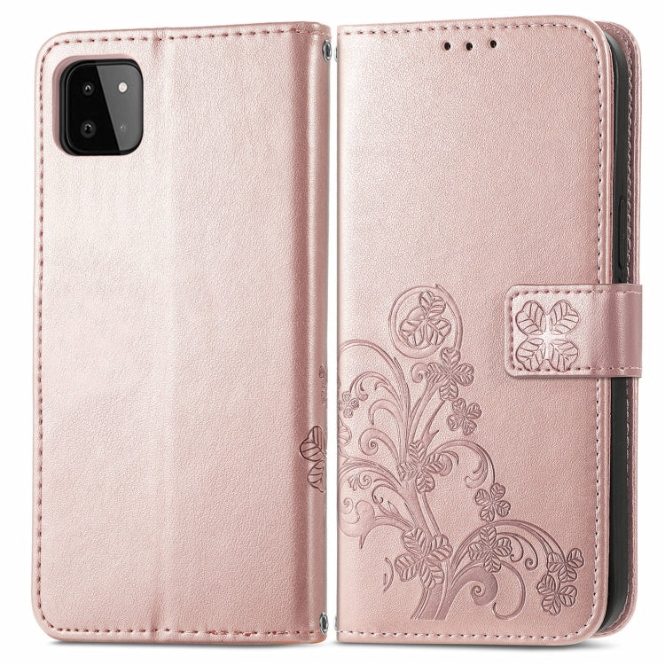 For Samsung Galaxy A22 4G Four-leaf Clasp Embossed Buckle Mobile Phone Protection Leather Case with Lanyard & Card Slot & Wallet & Bracket Function(Rose Gold) by buy2fix