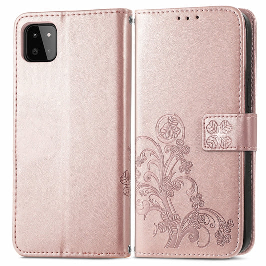For Samsung Galaxy A22 4G Four-leaf Clasp Embossed Buckle Mobile Phone Protection Leather Case with Lanyard & Card Slot & Wallet & Bracket Function(Rose Gold) by buy2fix