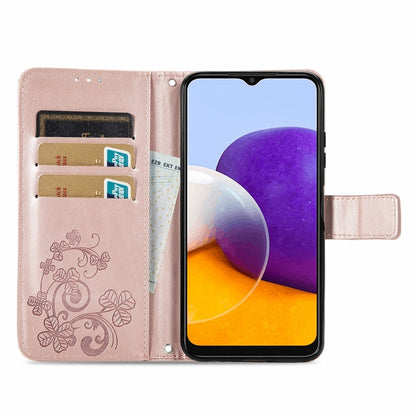 For Samsung Galaxy A22 4G Four-leaf Clasp Embossed Buckle Mobile Phone Protection Leather Case with Lanyard & Card Slot & Wallet & Bracket Function(Rose Gold) by buy2fix
