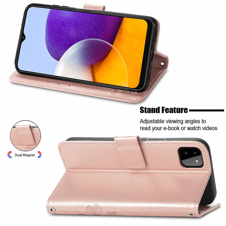 For Samsung Galaxy A22 4G Four-leaf Clasp Embossed Buckle Mobile Phone Protection Leather Case with Lanyard & Card Slot & Wallet & Bracket Function(Rose Gold) by buy2fix