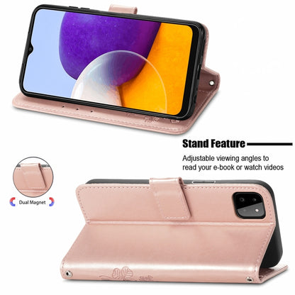 For Samsung Galaxy A22 4G Four-leaf Clasp Embossed Buckle Mobile Phone Protection Leather Case with Lanyard & Card Slot & Wallet & Bracket Function(Rose Gold) by buy2fix