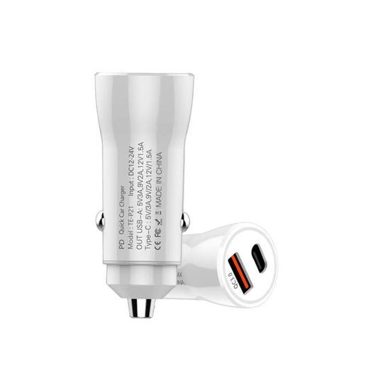 P21 PD 20W USB-C / Type-C + QC3.0 18W USB Fast Car Charger with USB-C / Type-C to 8 Pin Data Cable Set(White) - Car Charger by buy2fix | Online Shopping UK | buy2fix