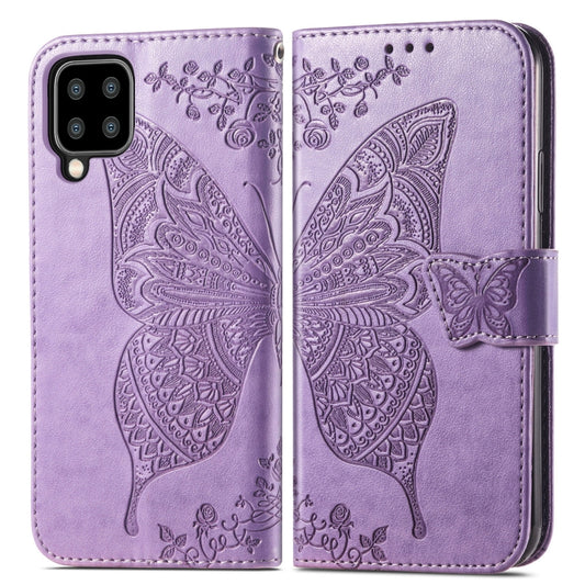 For Samsung Galaxy A22 5G Butterfly Love Flowers Embossed Horizontal Flip Leather Case with Holder & Card Slots & Wallet & Lanyard(Light Purple) by buy2fix