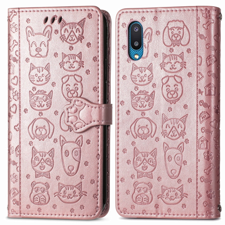 For Samsung Galaxy M02/A02 Cute Cat and Dog Embossed Horizontal Flip Leather Case with Holder & Card Slots & Wallet & Crossbody Lanyard & Card Cover(Rose Gold) by buy2fix