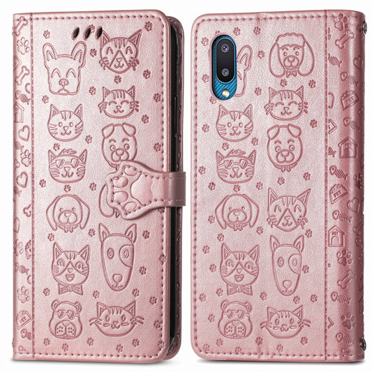 For Samsung Galaxy M02/A02 Cute Cat and Dog Embossed Horizontal Flip Leather Case with Holder & Card Slots & Wallet & Crossbody Lanyard & Card Cover(Rose Gold) by buy2fix