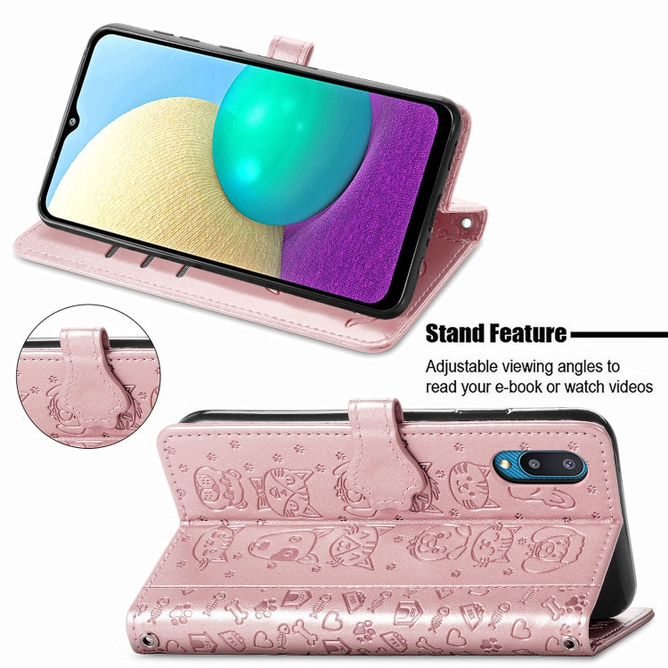 For Samsung Galaxy M02/A02 Cute Cat and Dog Embossed Horizontal Flip Leather Case with Holder & Card Slots & Wallet & Crossbody Lanyard & Card Cover(Rose Gold) by buy2fix