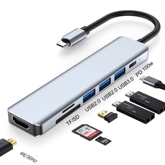7 In 1 HDMI+SD/TF+USB2.0x2+USB3.0+PD to Type-C HUB Docking Station - USB HUB by buy2fix | Online Shopping UK | buy2fix