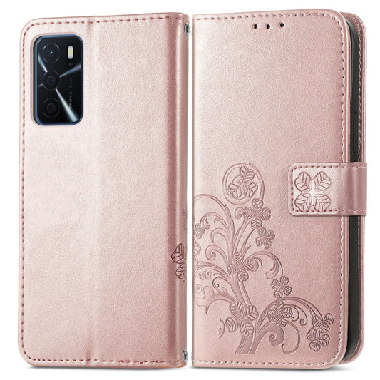 For OPPO A16 Four-leaf Clasp Embossed Buckle Leather Phone Case(Rose Gold) - OPPO Cases by buy2fix | Online Shopping UK | buy2fix