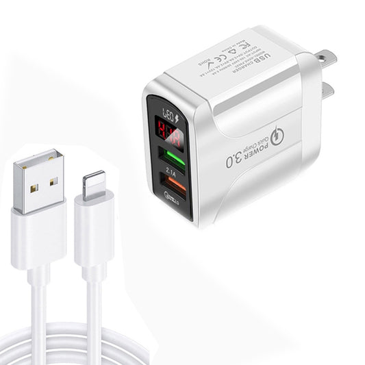 F002C QC3.0 USB + USB 2.0 LED Digital Display Fast Charger with USB to 8 Pin Data Cable, US Plug(White) - USB Charger by buy2fix | Online Shopping UK | buy2fix
