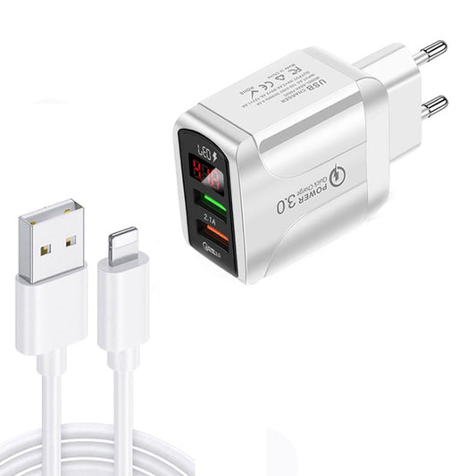 F002C QC3.0 USB + USB 2.0 LED Digital Display Fast Charger with USB to 8 Pin Data Cable, EU Plug(White) - USB Charger by buy2fix | Online Shopping UK | buy2fix