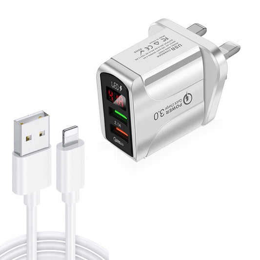 F002C QC3.0 USB + USB 2.0 LED Digital Display Fast Charger with USB to 8 Pin Data Cable, UK Plug(White) - USB Charger by buy2fix | Online Shopping UK | buy2fix