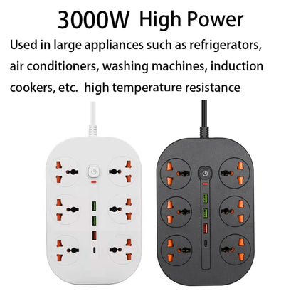 T21 PD3.0 + QC3.0 Multi Hole Row Plug 3000W High Power Socket, EU Plug(Black) - Extension Socket by buy2fix | Online Shopping UK | buy2fix