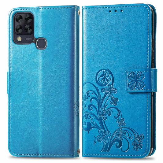 For Infinix HOT 10T Four-leaf Clasp Embossed Buckle Mobile Phone Protection Leather Case with Lanyard & Card Slot & Wallet & Bracket Function(Blue) - Infinix Cases by buy2fix | Online Shopping UK | buy2fix