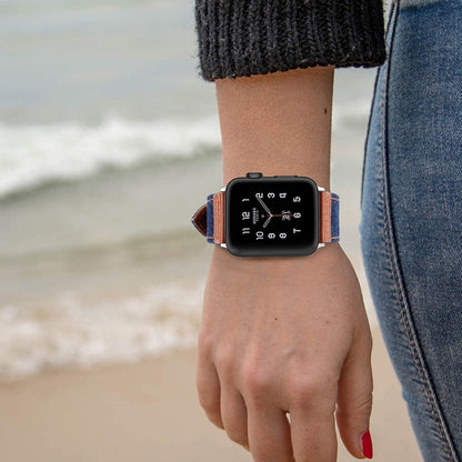 Denim Fit Leather Watch Band For Apple Watch Series 9&8&7 41mm / SE 3&SE 2&6&SE&5&4 40mm / 3&2&1 38mm(Light Blue+Brown) by buy2fix