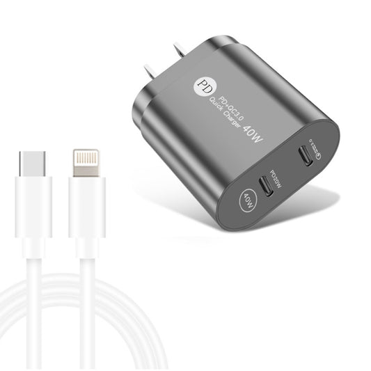 002 40W Dual Port PD / Type-C Fast Charger with USB-C to 8 Pin Data Cable, US Plug(Black) - USB Charger by buy2fix | Online Shopping UK | buy2fix